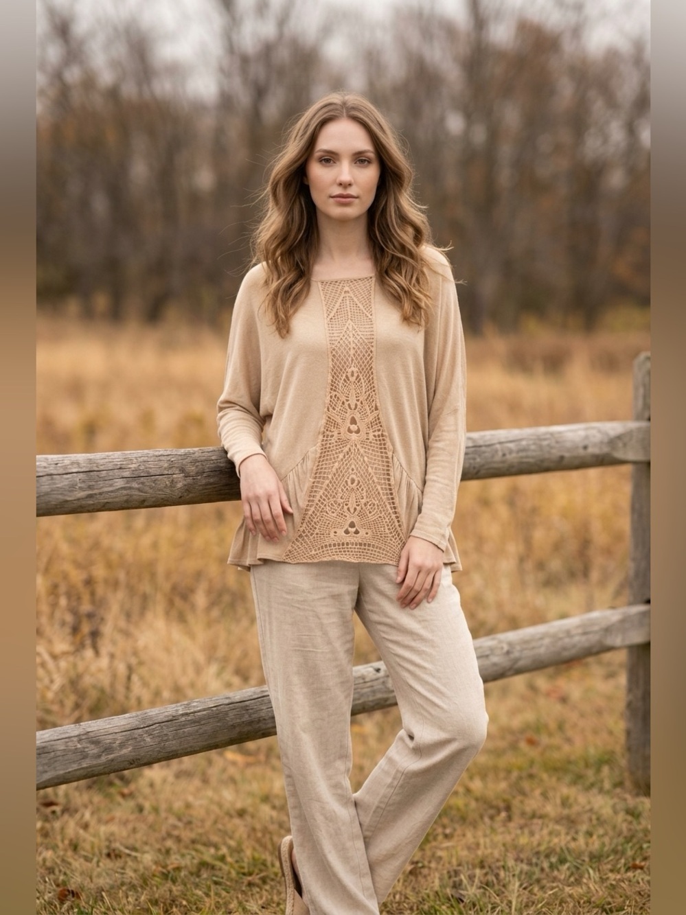 Women’s Oversized Crochet Front Knit Top in Beige